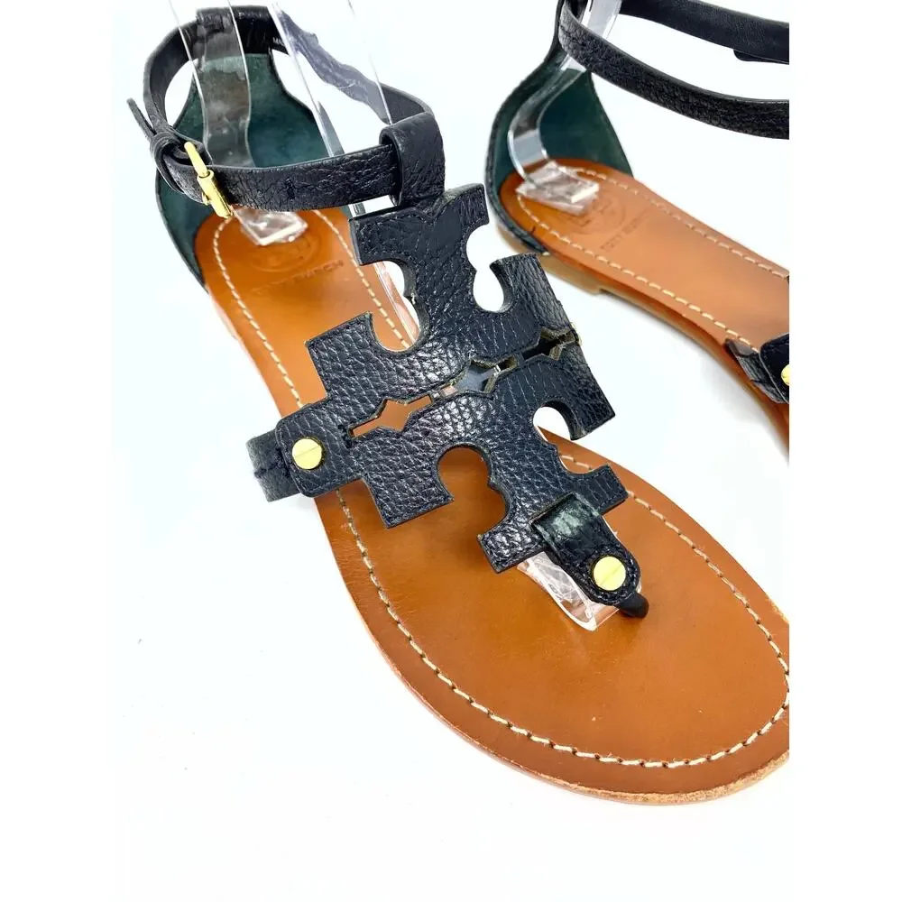 Tory Burch Black Leather Double T Logo Thong Sandals Gold Hardware 8.5